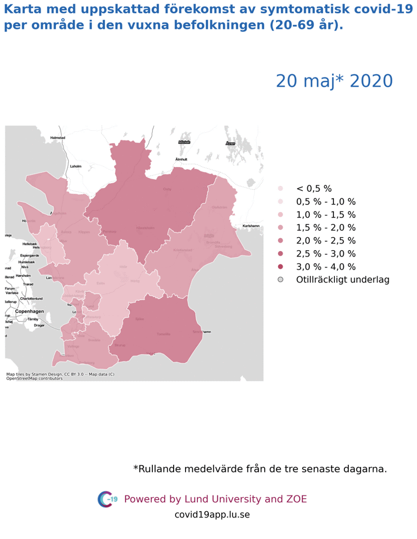 Karta med uppskattad förekomst av symtomatisk covid-19 per län i den vuxna befolkningen (20-69/69 år) i olika områden i Skåne, 20 maj till 6 juli 2020.