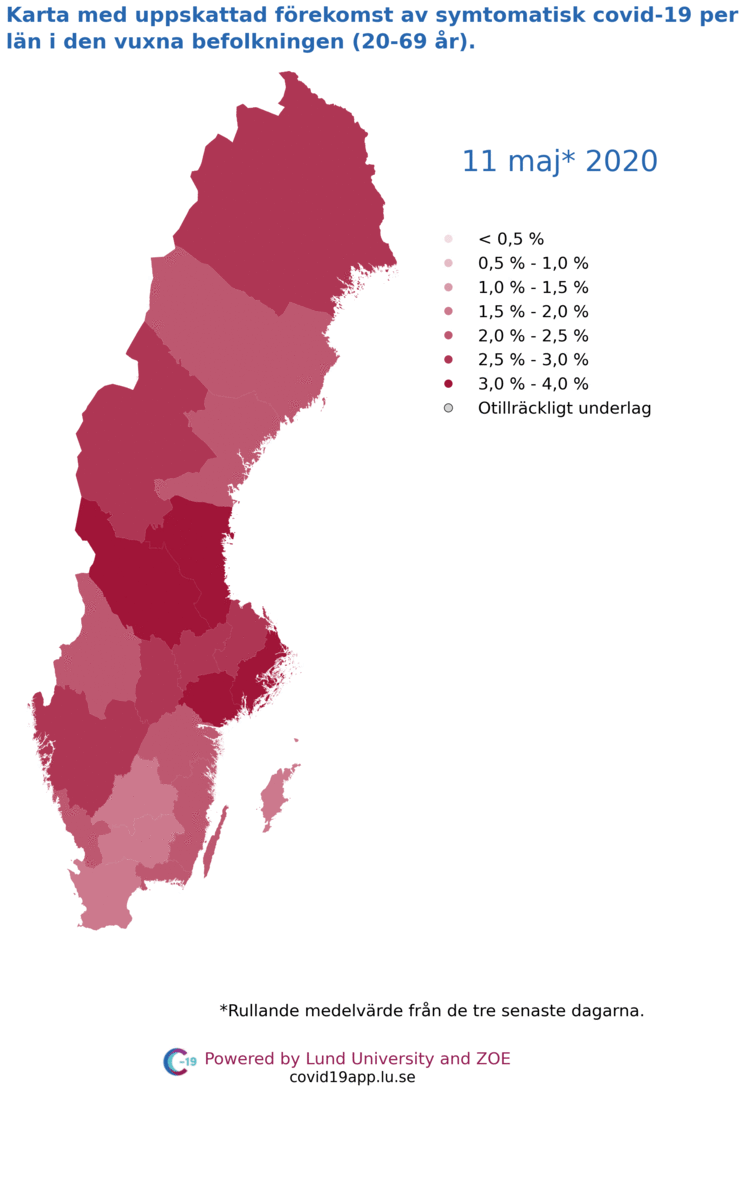 Karta med uppskattad förekomst av symtomatisk covid-19 per län i den vuxna befolkningen (20-69/79 år)