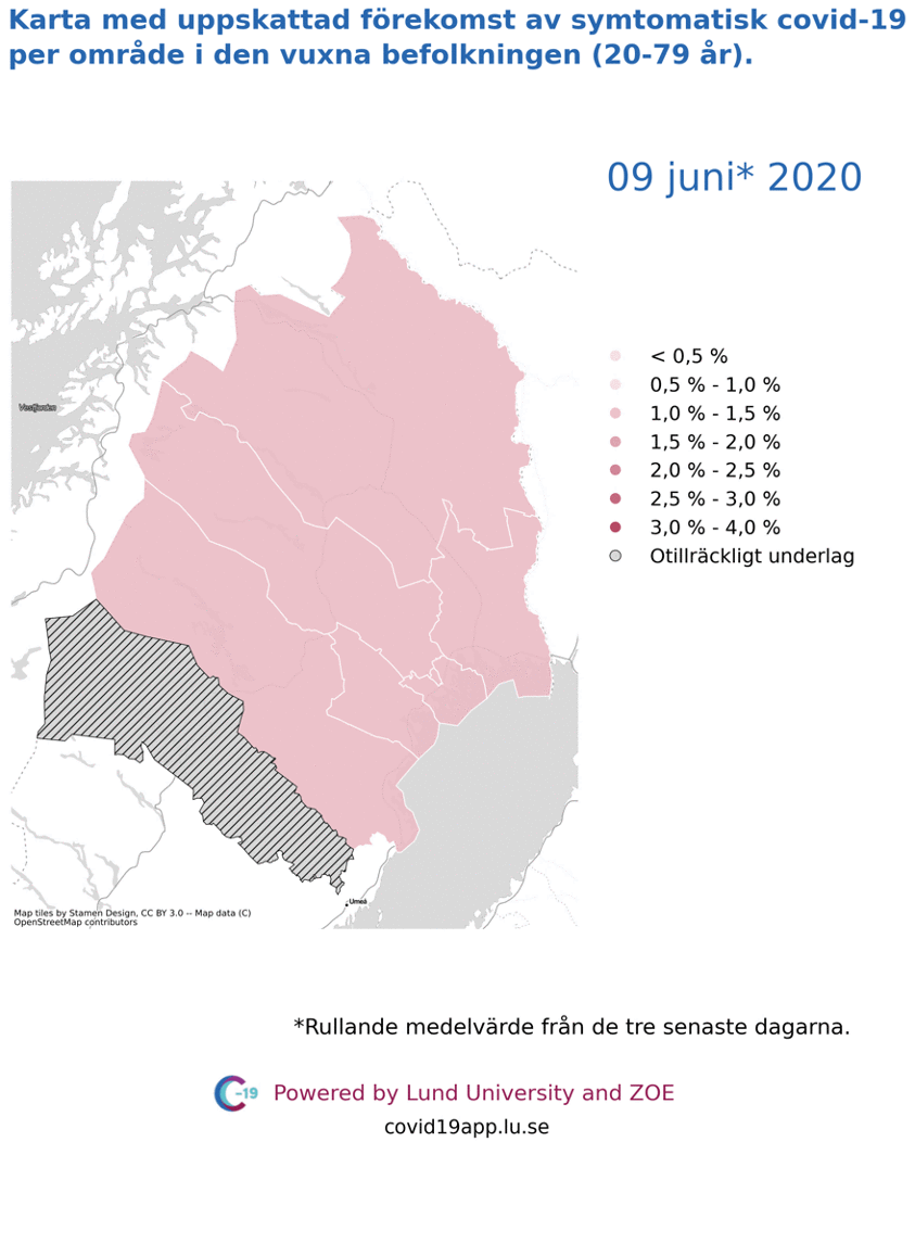 Karta med uppskattad förekomst av symtomatisk covid-19 per län i den vuxna befolkningen (20-79 år) i olika områden i Norrbotten, 9 juni till 6 juli 2020.