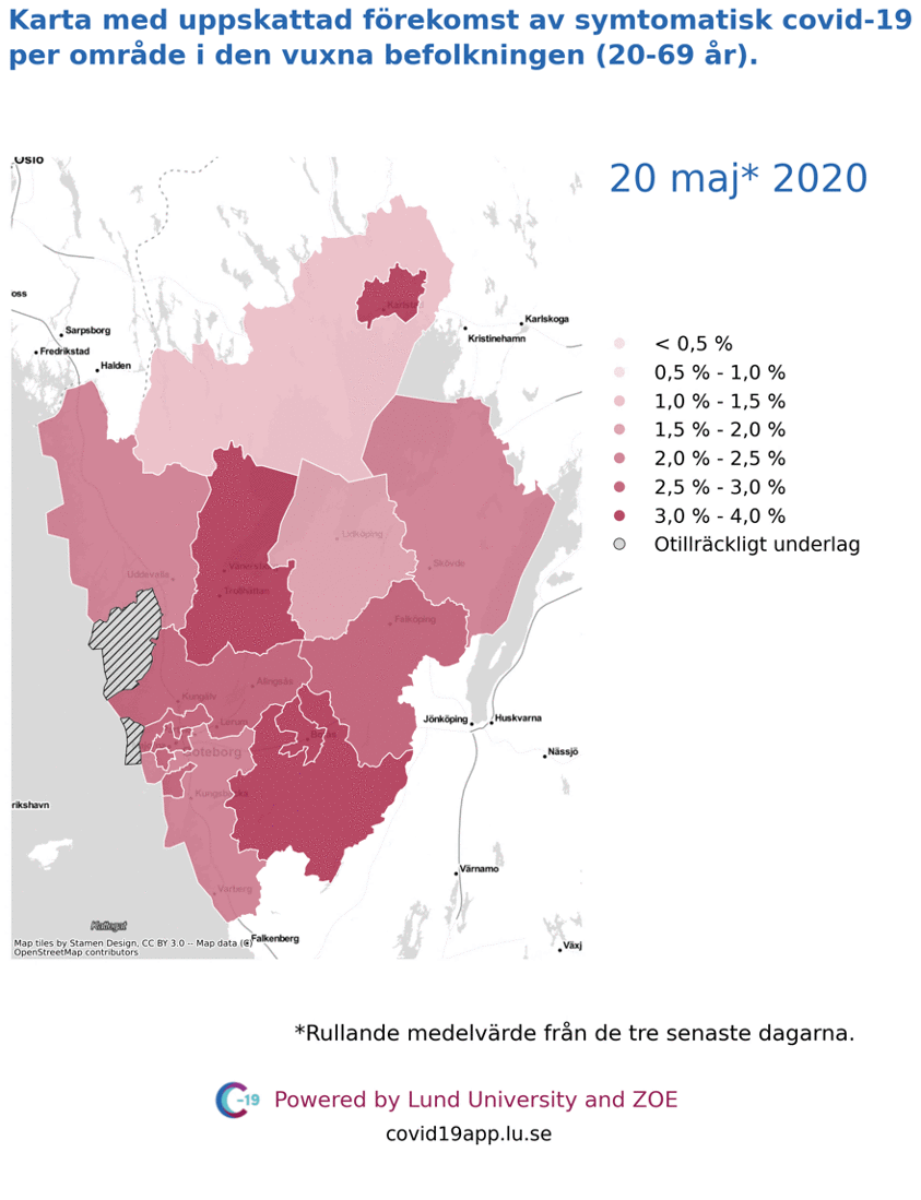 Karta med uppskattad förekomst av symtomatisk covid-19 i den vuxna befolkningen (20-69/79 år) i olika områden i Västra Götaland, 20 maj till 6 juli 2020.
