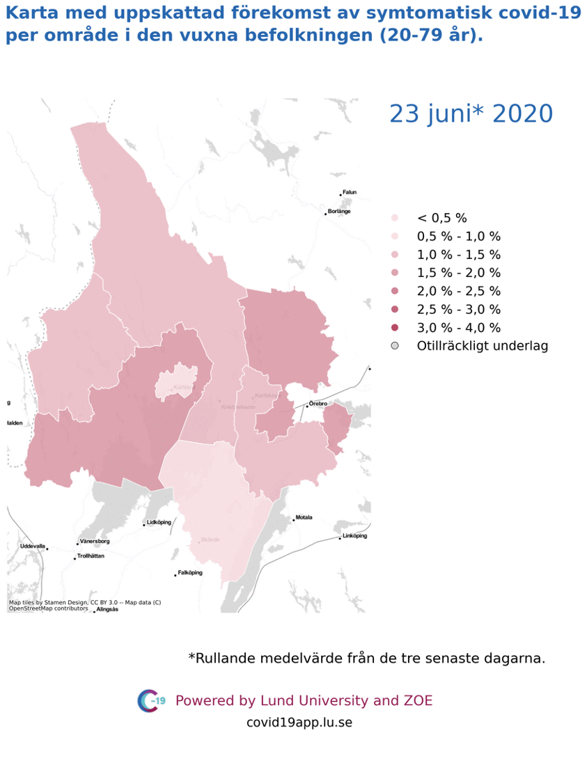 Karta med uppskattad förekomst av symtomatisk covid-19 per län i den vuxna befolkningen (20-69/69 år) i olika områden i Värmland, 23 juni till 6 juli 2020.