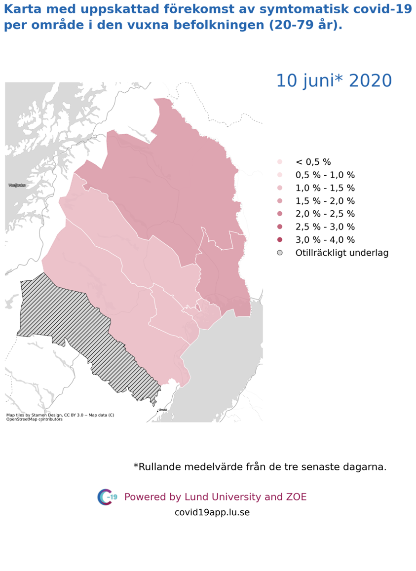 Karta med uppskattad förekomst av symtomatisk covid-19 i den vuxna befolkningen (20-79 år) i olika områden i Norrbotten, 10 juni 2020.