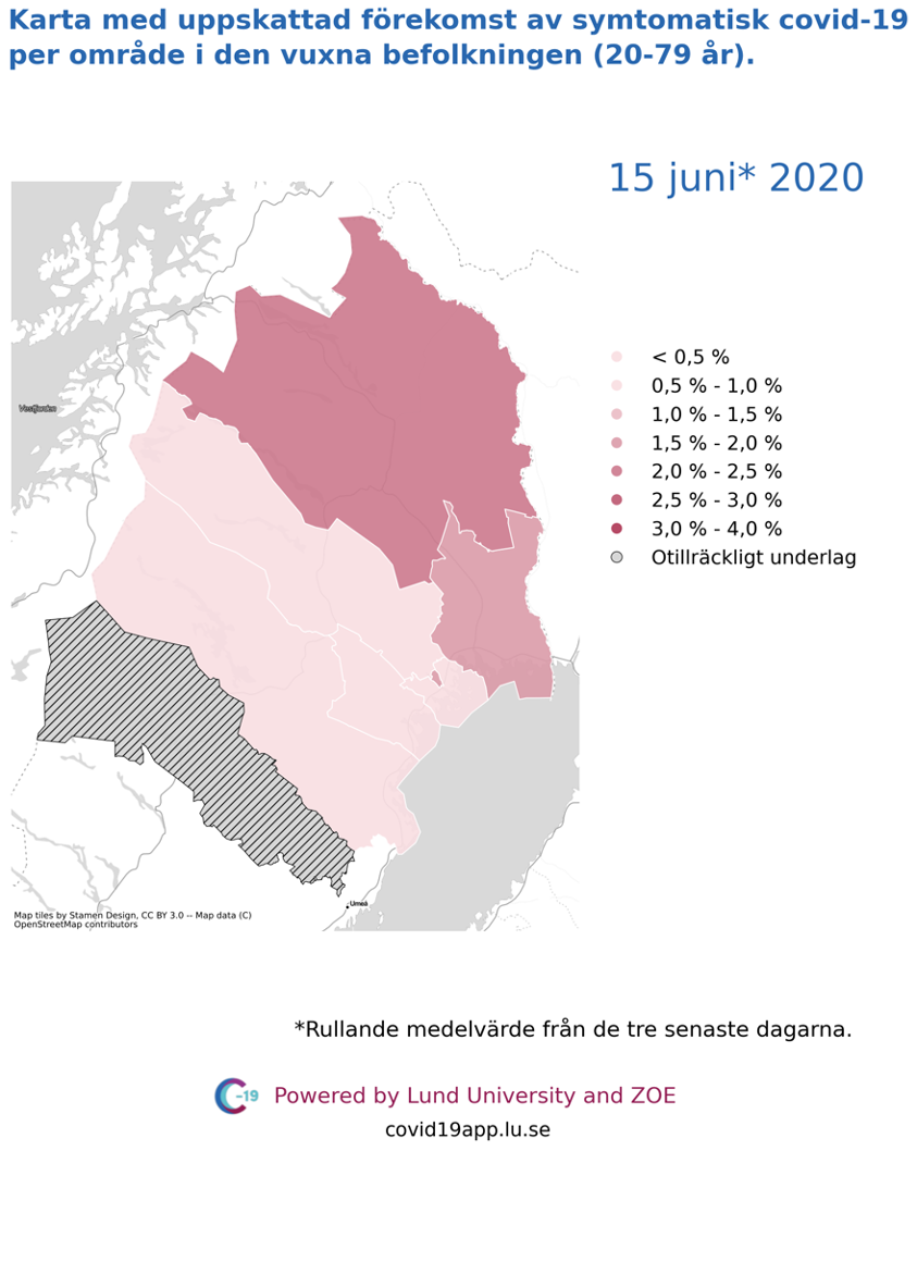 Karta med uppskattad förekomst av symtomatisk covid-19 i den vuxna befolkningen (20-79 år) i olika områden i Norrbotten, 15 juni 2020.