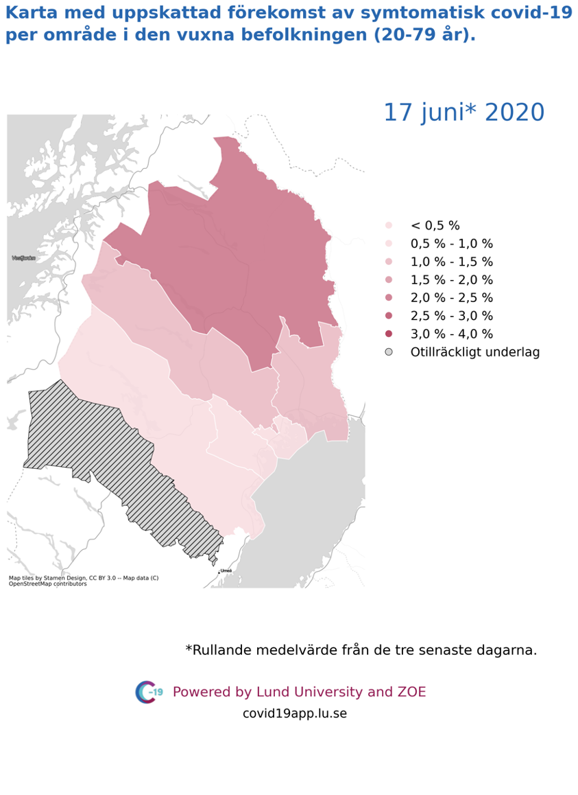 Karta med uppskattad förekomst av symtomatisk covid-19 i den vuxna befolkningen (20-79 år) i olika områden i Norrbotten, 17 juni 2020.