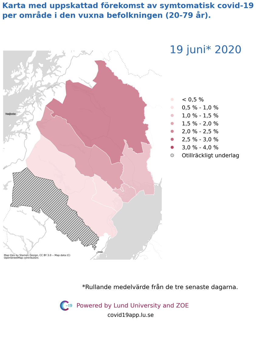 Karta med uppskattad förekomst av symtomatisk covid-19 i den vuxna befolkningen (20-79 år) i olika områden i Norrbotten, 19 juni 2020.