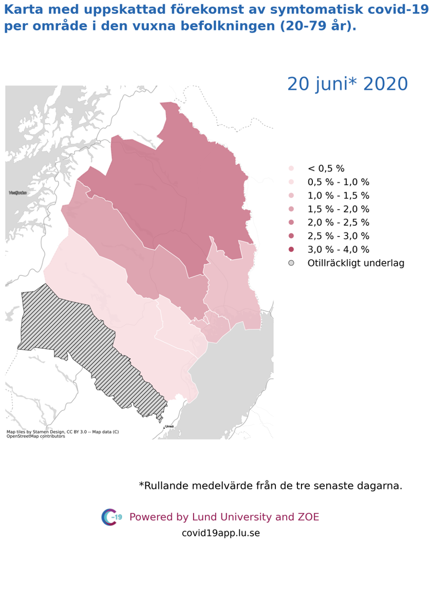 Karta med uppskattad förekomst av symtomatisk covid-19 i den vuxna befolkningen (20-79 år) i olika områden i Norrbotten, 20 juni 2020.