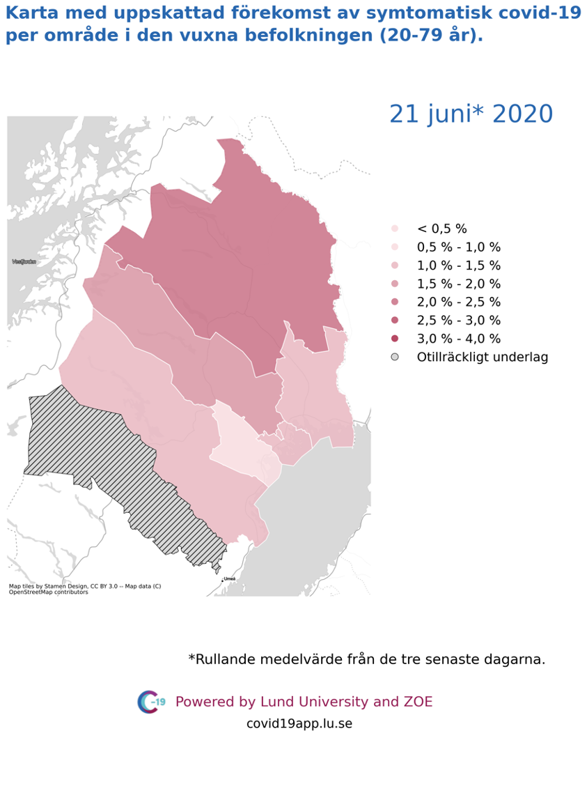 Karta med uppskattad förekomst av symtomatisk covid-19 i den vuxna befolkningen (20-79 år) i olika områden i Norrbotten, 21juni 2020.