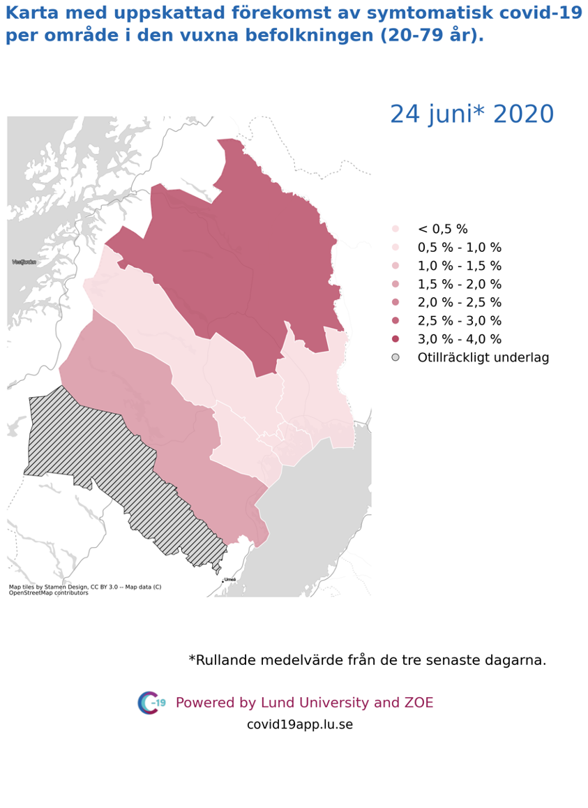 Karta med uppskattad förekomst av symtomatisk covid-19 i den vuxna befolkningen (20-79 år) i olika områden i Norrbotten, 24 juni 2020.