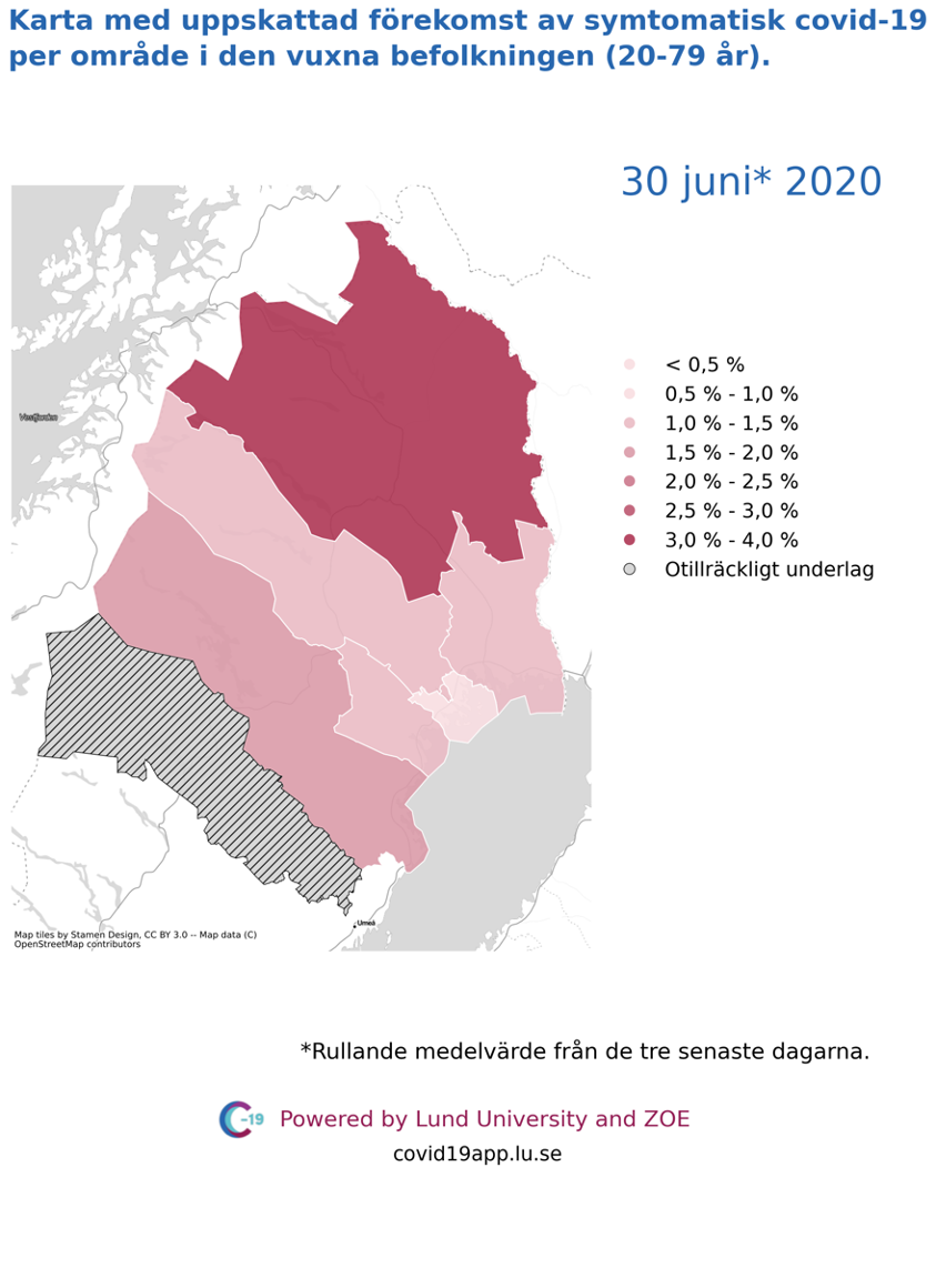 Karta med uppskattad förekomst av symtomatisk covid-19 i den vuxna befolkningen (20-79 år) i olika områden i Norrbotten, 1 juli 2020.