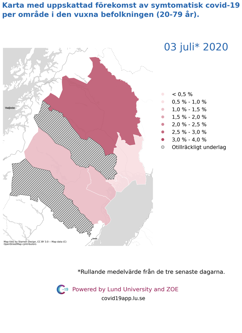 Karta med uppskattad förekomst av symtomatisk covid-19 i den vuxna befolkningen (20-79 år) i olika områden i Norrbotten, 3 juli 2020.
