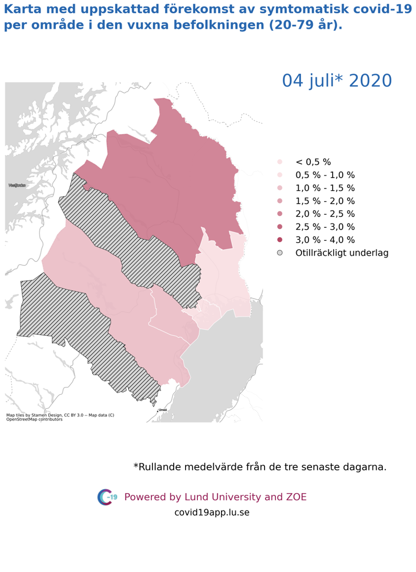 Karta med uppskattad förekomst av symtomatisk covid-19 i den vuxna befolkningen (20-79 år) i olika områden i Norrbotten, 4 juli 2020.