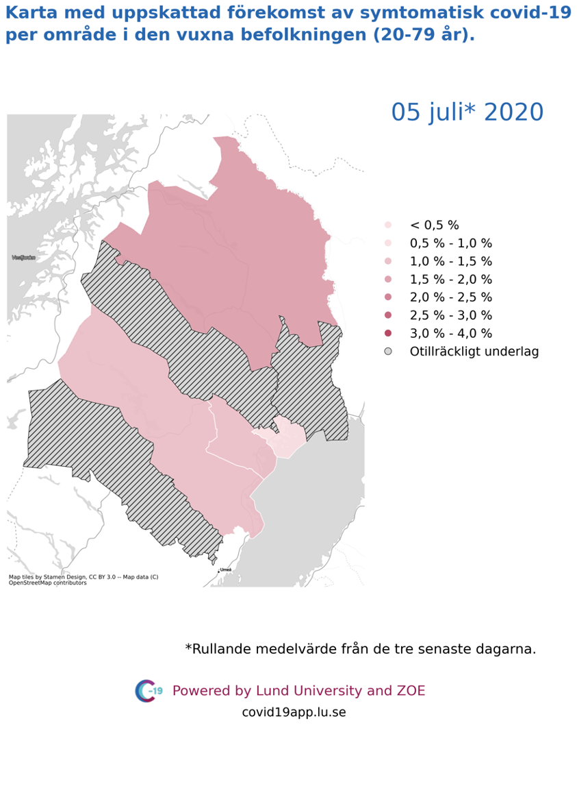 Karta med uppskattad förekomst av symtomatisk covid-19 i den vuxna befolkningen (20-79 år) i olika områden i Norrbotten, 5 juli 2020.