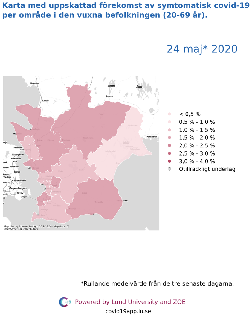 Karta med uppskattad förekomst av symtomatisk covid-19 i den vuxna befolkningen (20-69 år) i olika områden i Skåne, 24 maj 2020