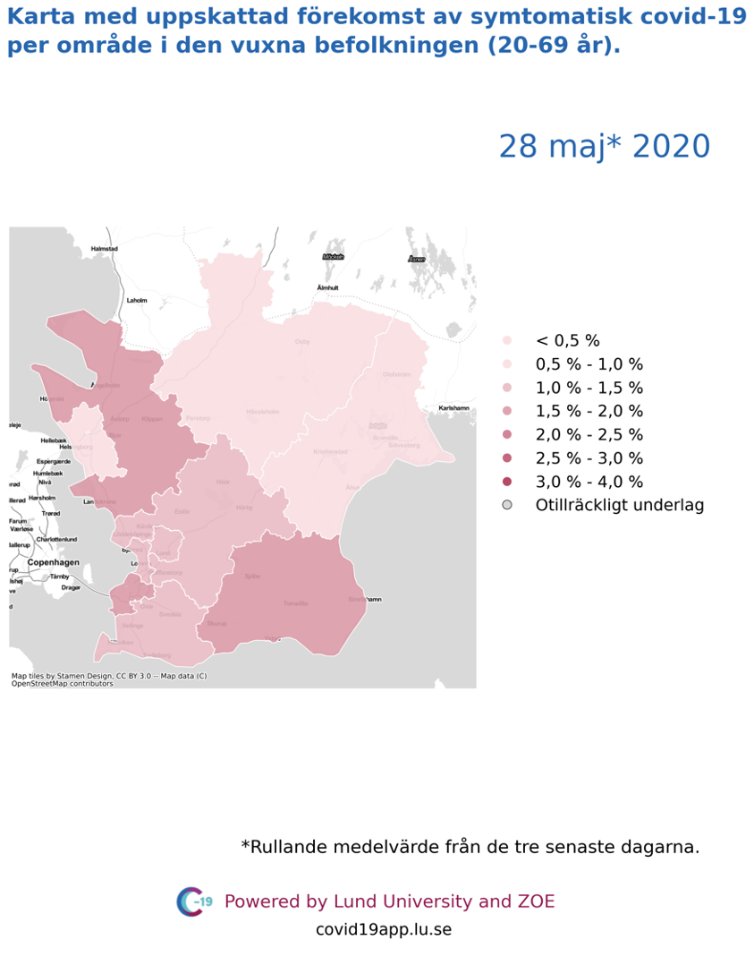 Karta med uppskattad förekomst av symtomatisk covid-19 per län i den vuxna befolkningen (20-69 år) i olika områden i Skåne, 28 maj 2020.