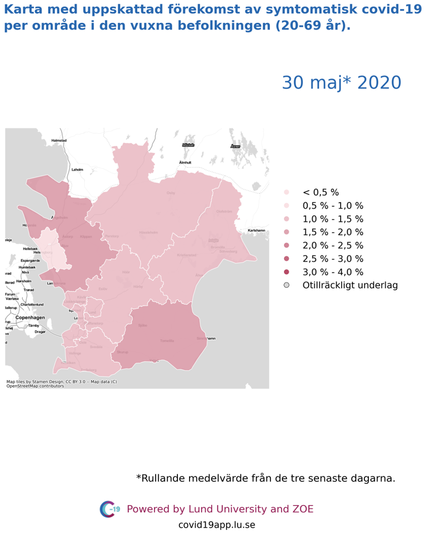 Karta med uppskattad förekomst av symtomatisk covid-19 per län i den vuxna befolkningen (20-69 år) i olika områden i Skåne, 30 maj 2020.