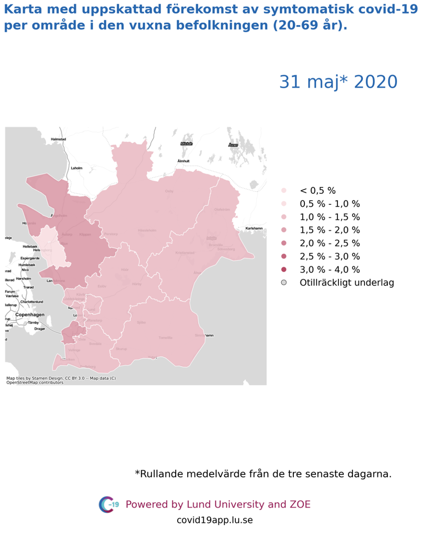 Karta med uppskattad förekomst av symtomatisk covid-19 per län i den vuxna befolkningen (20-69 år) i olika områden i Skåne, 31 maj 2020.