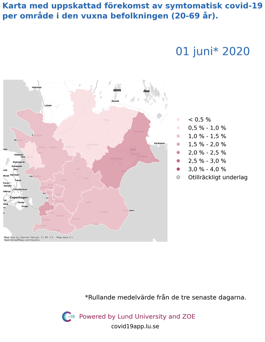 Karta med uppskattad förekomst av symtomatisk covid-19 per län i den vuxna befolkningen (20-69 år) i olika områden i Skåne, 1 juni 2020.