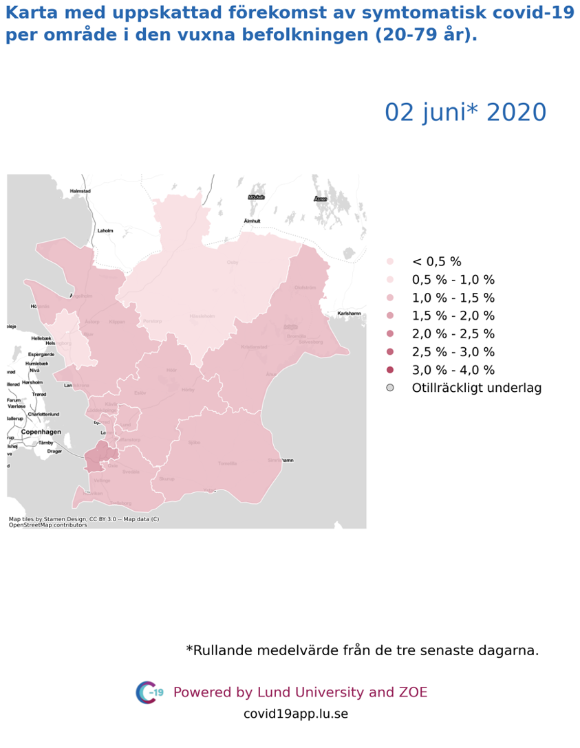 Karta med uppskattad förekomst av symtomatisk covid-19 per län i den vuxna befolkningen (20-79 år) i olika områden i Skåne, 2 juni 2020.