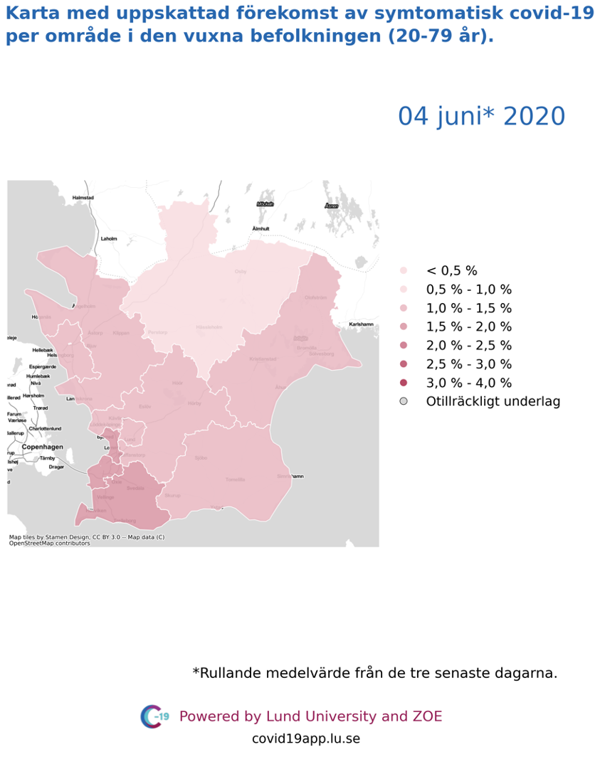 Karta med uppskattad förekomst av symtomatisk covid-19 per län i den vuxna befolkningen (20-79 år) i olika områden i Skåne, 4 juni 2020.