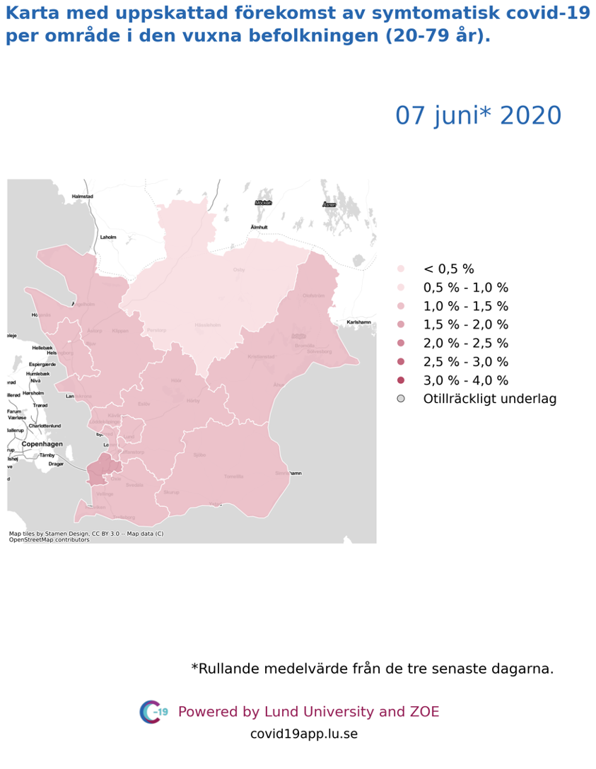 Karta med uppskattad förekomst av symtomatisk covid-19 per län i den vuxna befolkningen (20-79 år) i olika områden i Skåne, 7 juni 2020.