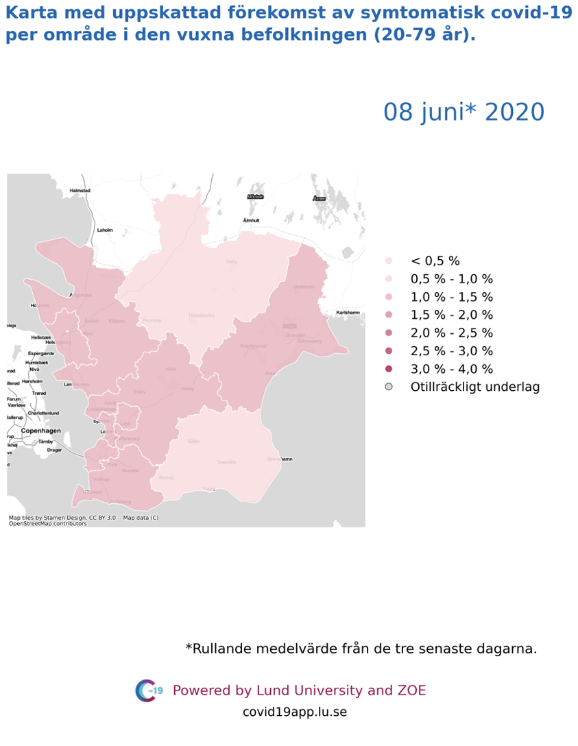 Karta med uppskattad förekomst av symtomatisk covid-19 i den vuxna befolkningen (20-79 år) i olika områden i Skåne, 8 juni 2020.