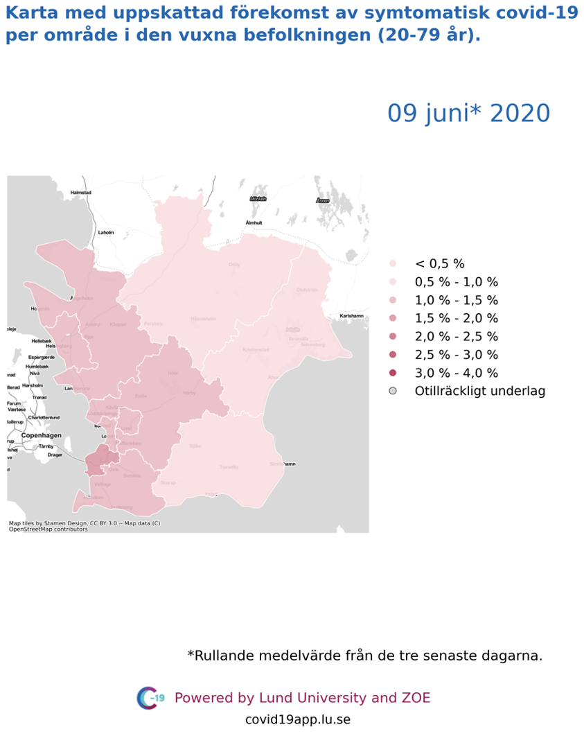 Karta med uppskattad förekomst av symtomatisk covid-19 i den vuxna befolkningen (20-79 år) i olika områden i Skåne, 9 juni 2020.
