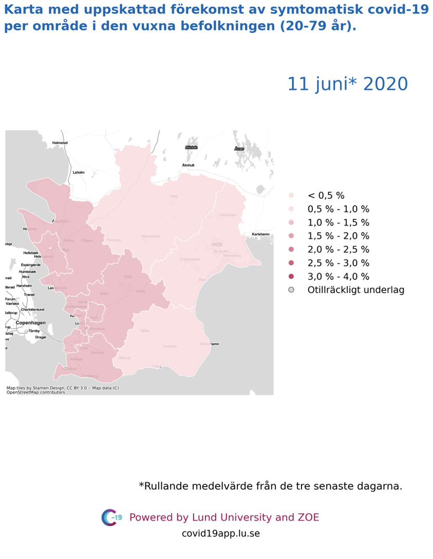 Karta med uppskattad förekomst av symtomatisk covid-19 i den vuxna befolkningen (20-79 år) i olika områden i Skåne, 11 juni 2020.