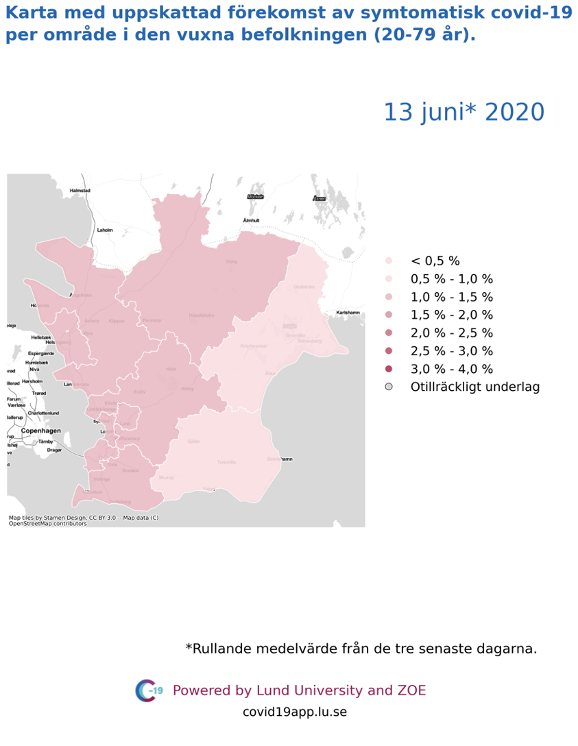 Karta med uppskattad förekomst av symtomatisk covid-19 i den vuxna befolkningen (20-79 år) i olika områden i Skåne, 13 juni 2020.