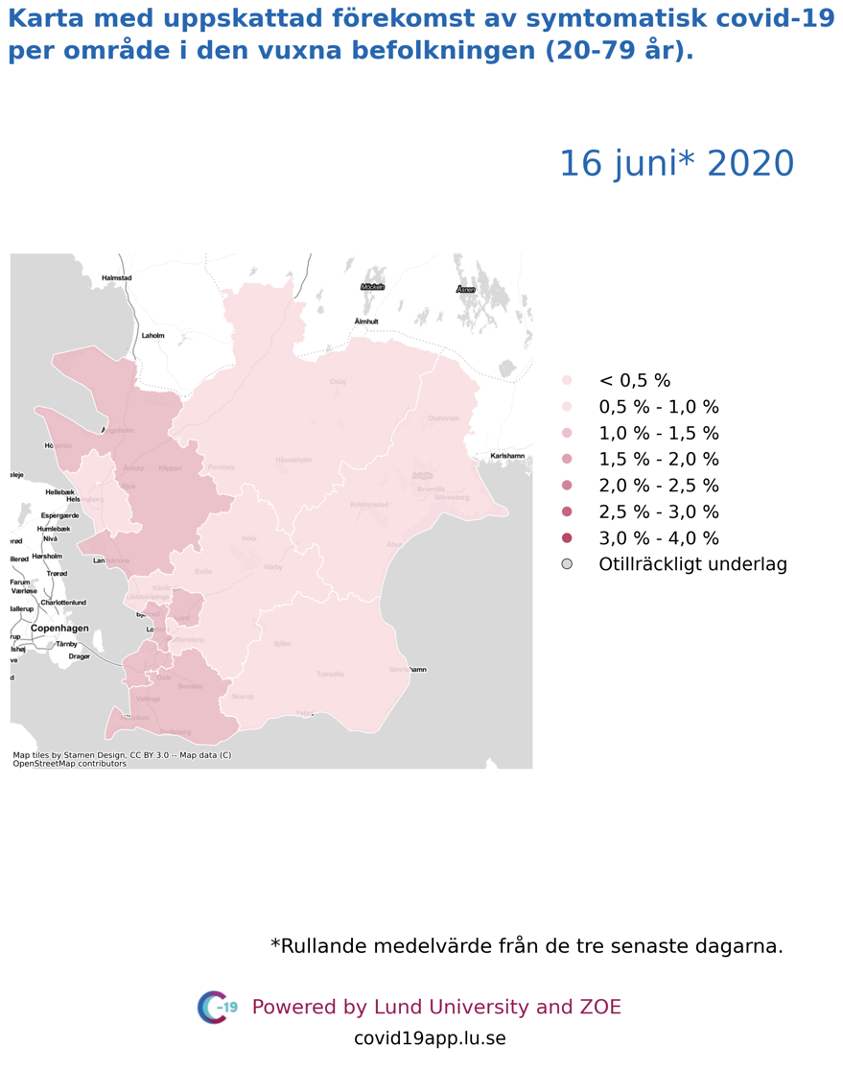 Karta med uppskattad förekomst av symtomatisk covid-19 i den vuxna befolkningen (20-79 år) i olika områden i Skåne, 16 juni 2020.