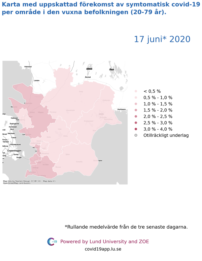 Karta med uppskattad förekomst av symtomatisk covid-19 i den vuxna befolkningen (20-79 år) i olika områden i Skåne, 17 juni 2020.