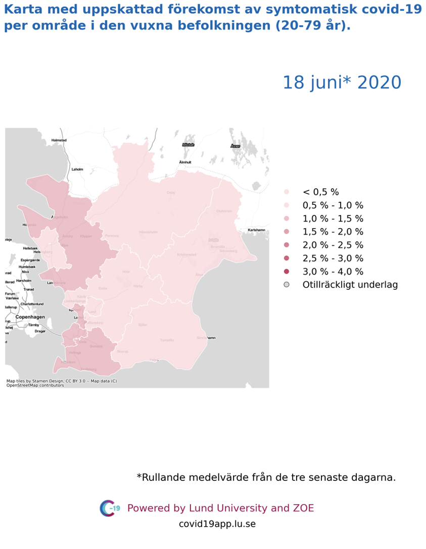 Karta med uppskattad förekomst av symtomatisk covid-19 i den vuxna befolkningen (20-79 år) i olika områden i Skåne, 18 juni 2020.