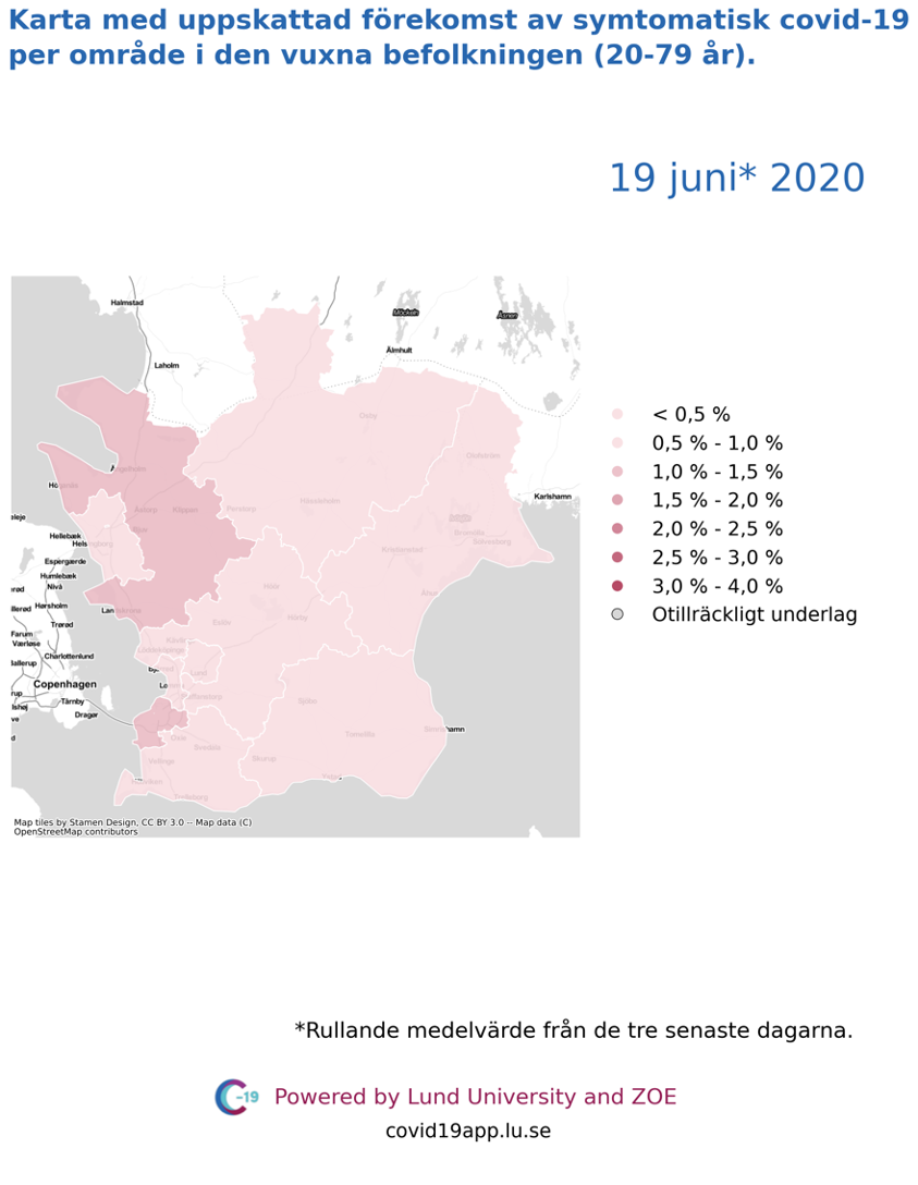 Karta med uppskattad förekomst av symtomatisk covid-19 i den vuxna befolkningen (20-79 år) i olika områden i Skåne, 19 juni 2020.