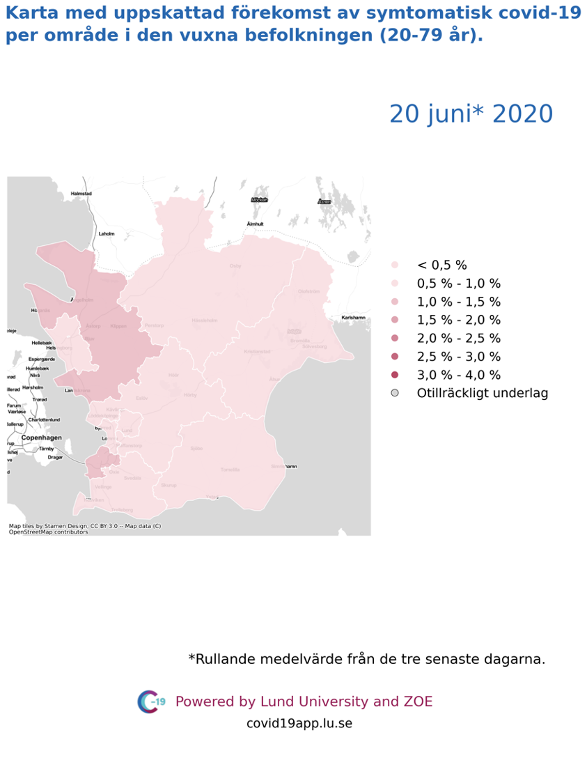 Karta med uppskattad förekomst av symtomatisk covid-19 i den vuxna befolkningen (20-79 år) i olika områden i Skåne, 20 juni 2020.