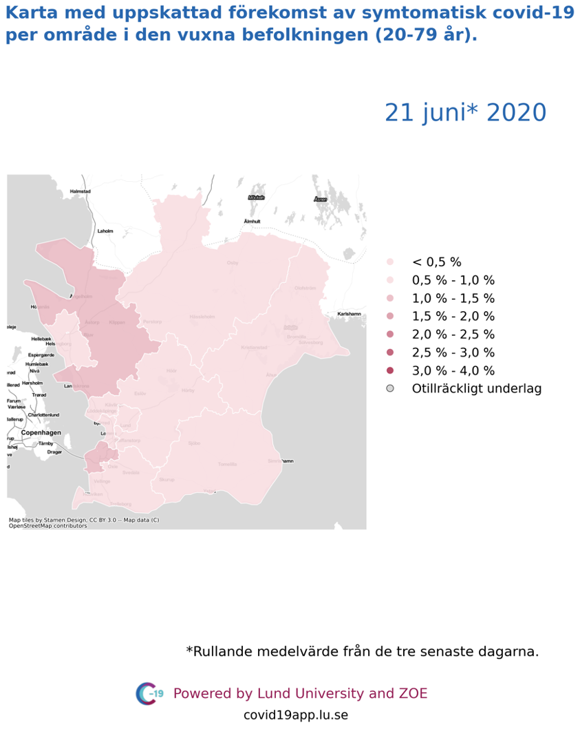 Karta med uppskattad förekomst av symtomatisk covid-19 i den vuxna befolkningen (20-79 år) i olika områden i Skåne, 21 juni 2020.