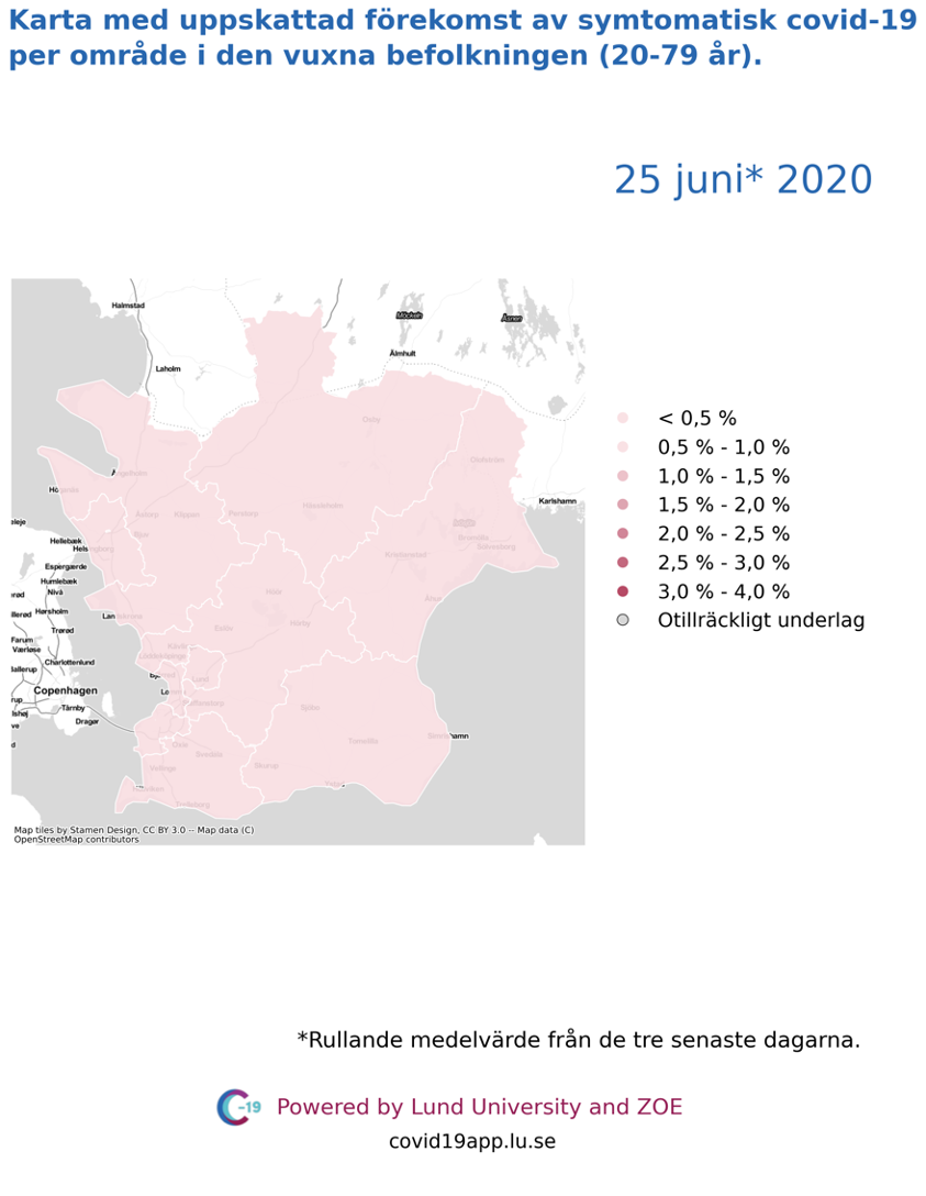 Karta med uppskattad förekomst av symtomatisk covid-19 i den vuxna befolkningen (20-79 år) i olika områden i Skåne, 25 juni 2020.