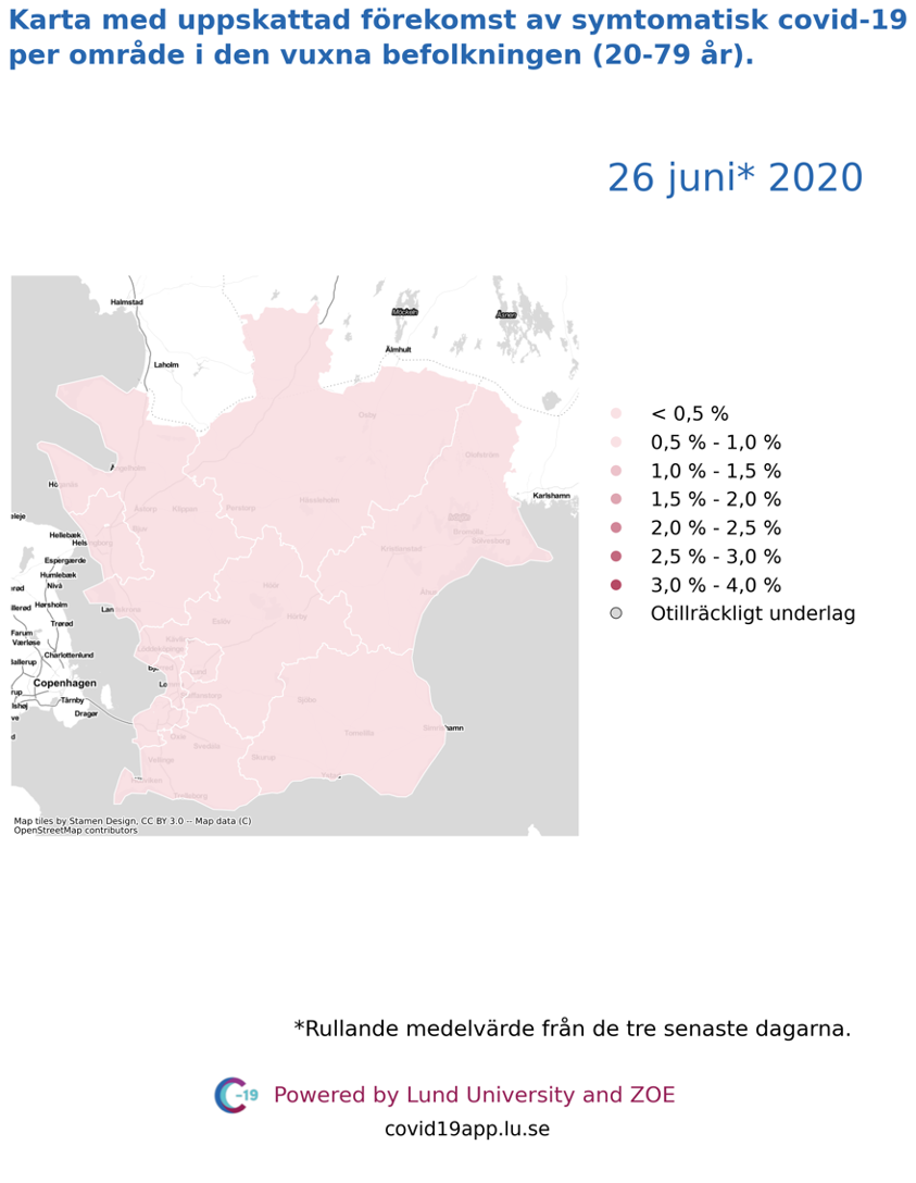 Karta med uppskattad förekomst av symtomatisk covid-19 i den vuxna befolkningen (20-79 år) i olika områden i Skåne, 26 juni 2020.