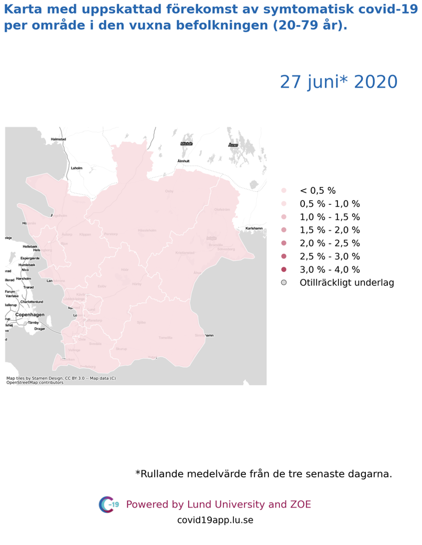 Karta med uppskattad förekomst av symtomatisk covid-19 i den vuxna befolkningen (20-79 år) i olika områden i Skåne, 27 juni 2020.