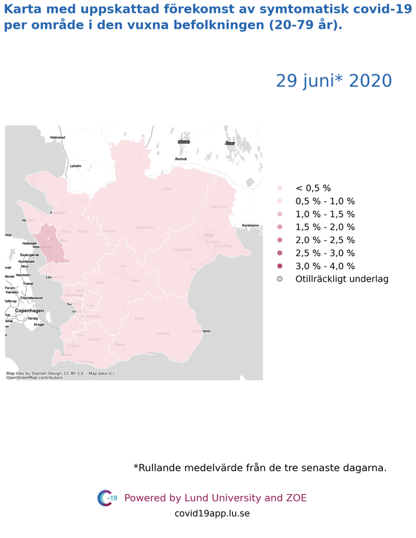 Karta med uppskattad förekomst av symtomatisk covid-19 i den vuxna befolkningen (20-79 år) i olika områden i Skåne, 29 juni 2020.