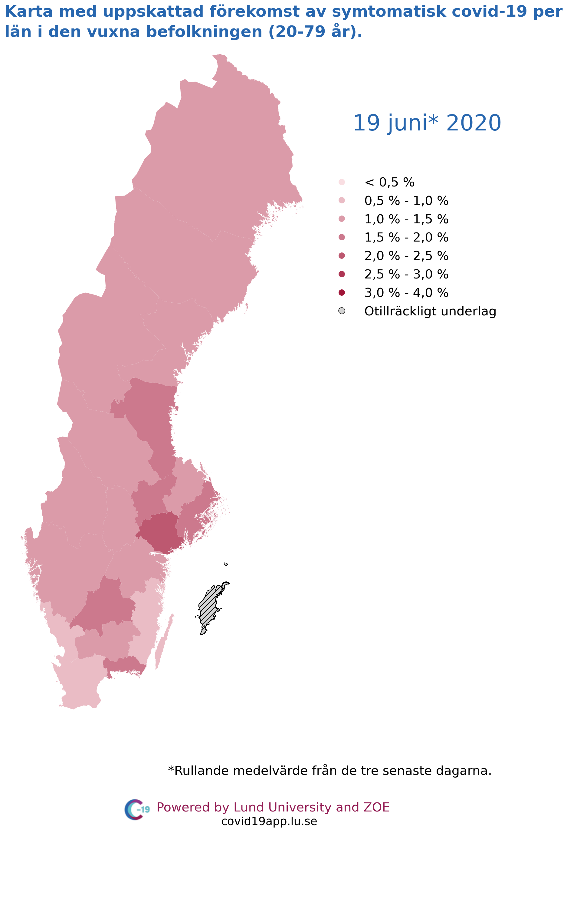 Karta med uppskattad förekomst av symtomatisk covid-19 per län i den vuxna befolkningen (20-79 år), 19 juni 2020.