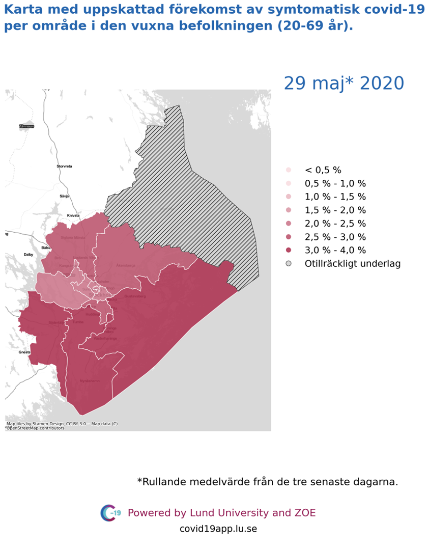 Karta med uppskattad förekomst av symtomatisk covid-19 per län i den vuxna befolkningen (20-69 år) i olika områden i Stockholms län, 29 maj 2020.