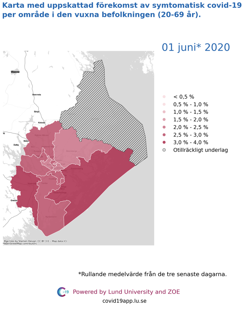 Karta med uppskattad förekomst av symtomatisk covid-19 i den vuxna befolkningen (20-69 år) i olika områden i Stockholms län, 1 juni 2020.