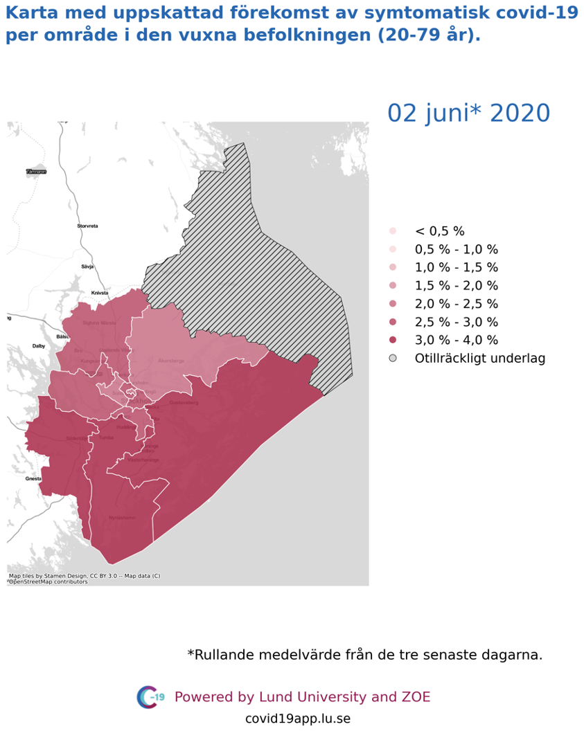 Karta med uppskattad förekomst av symtomatisk covid-19 i den vuxna befolkningen (20-79 år) i olika områden i Stockholms län, 2 juni 2020.