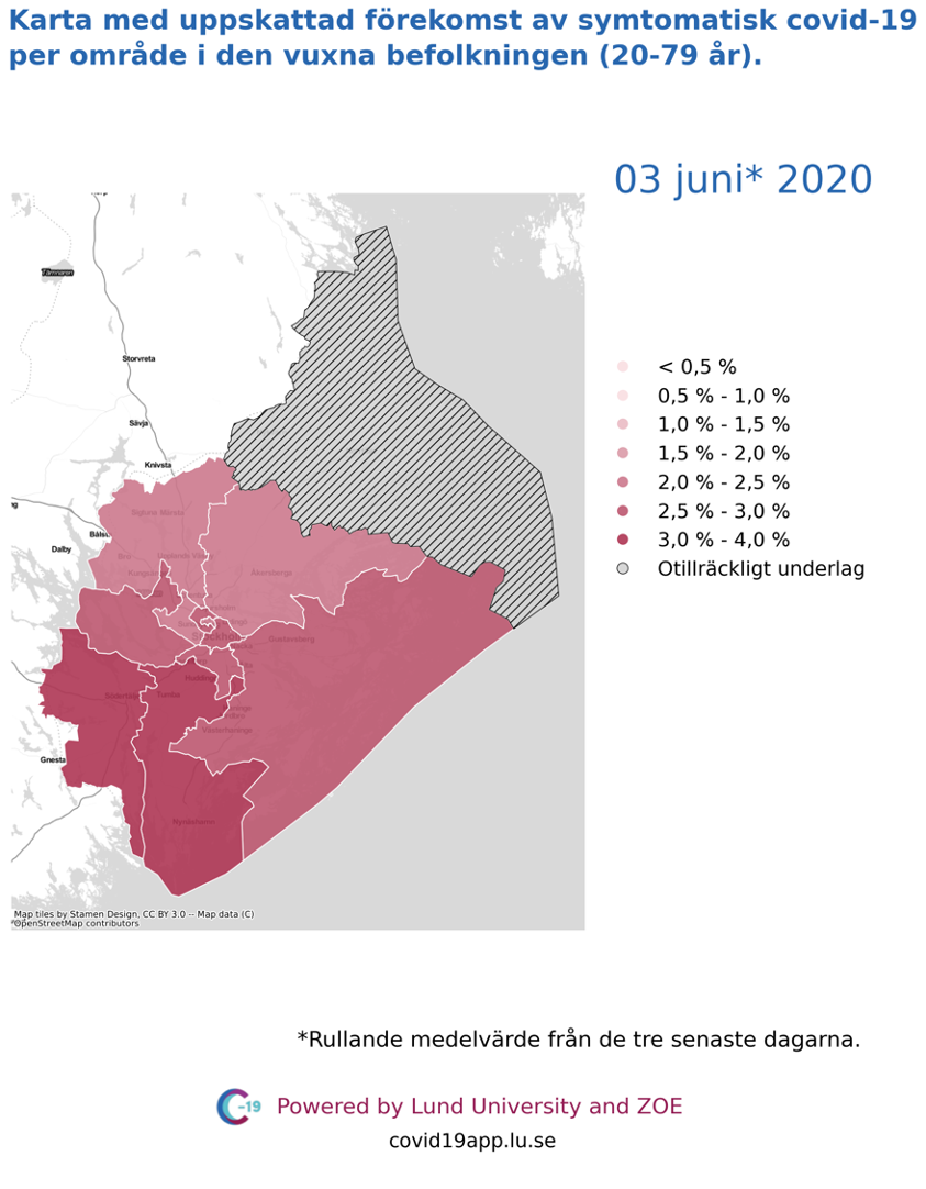 Karta med uppskattad förekomst av symtomatisk covid-19 i den vuxna befolkningen (20-79 år) i olika områden i Stockholms län, 3 juni 2020.
