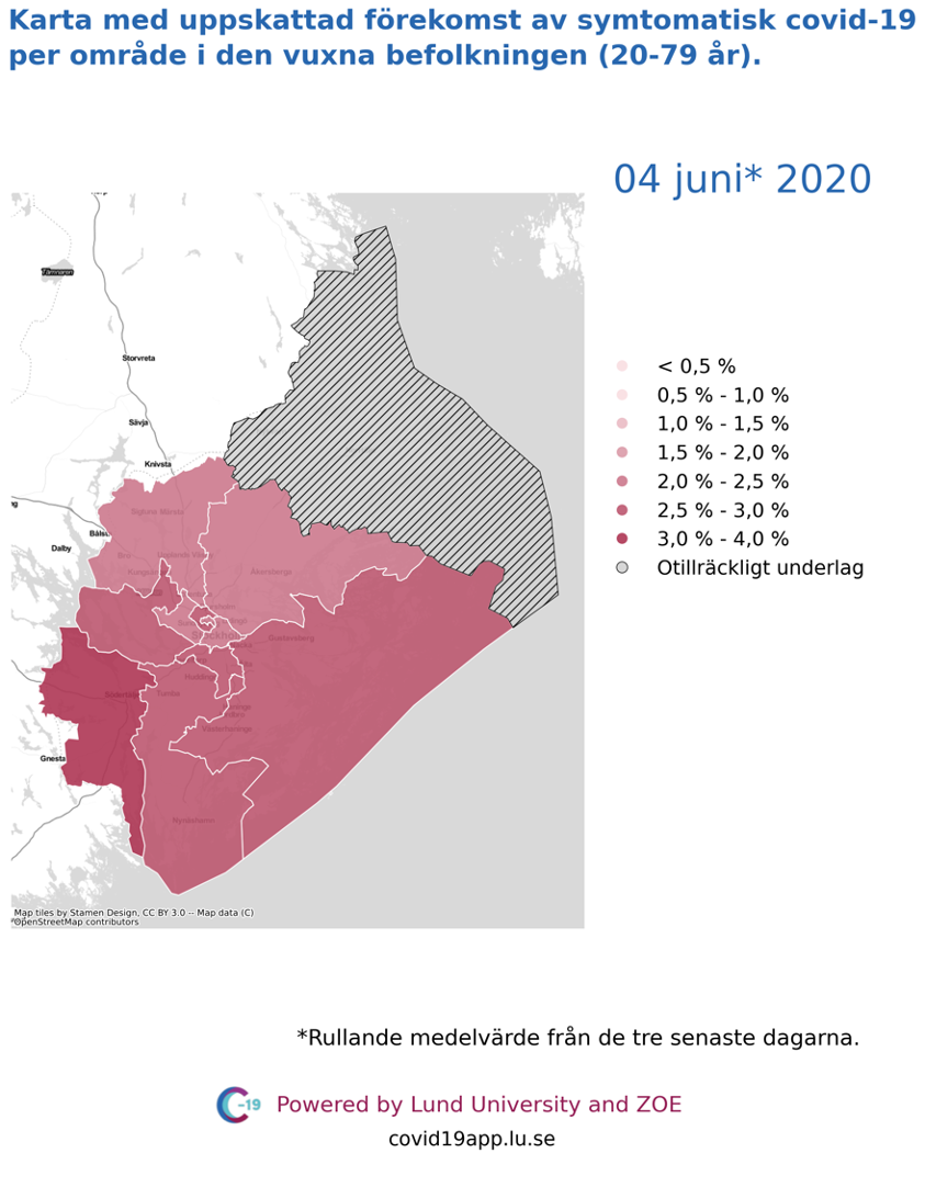 Karta med uppskattad förekomst av symtomatisk covid-19 i den vuxna befolkningen (20-79 år) i olika områden i Stockholms län, 4 juni 2020.