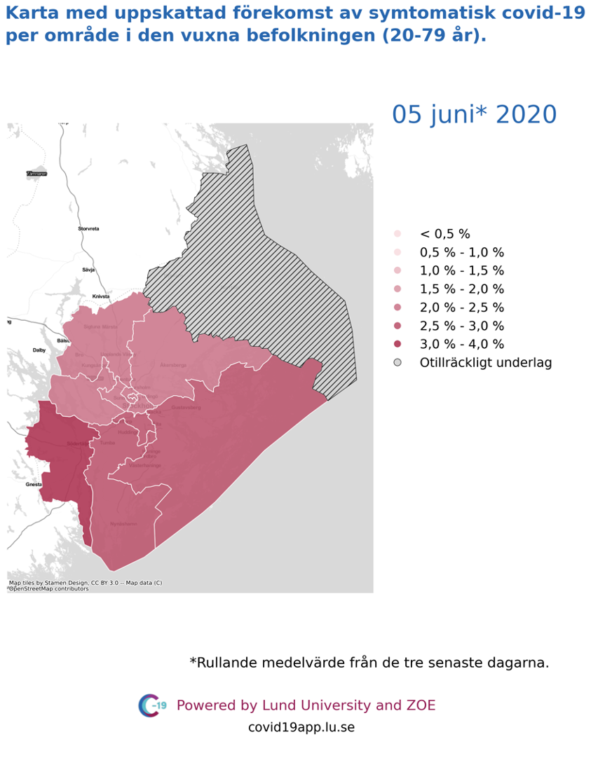 Karta med uppskattad förekomst av symtomatisk covid-19 i den vuxna befolkningen (20-79 år) i olika områden i Stockholms län, 5 juni 2020.