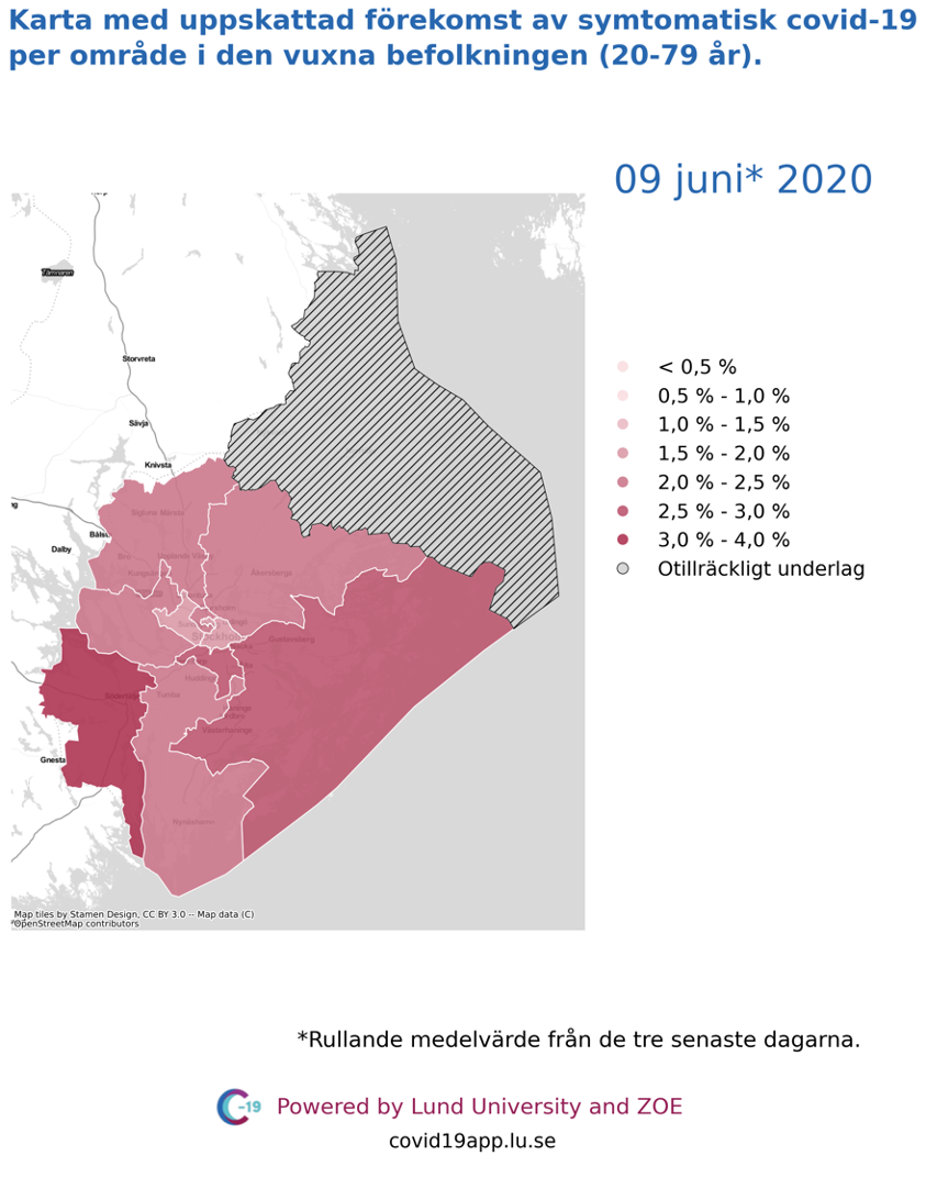 Karta med uppskattad förekomst av symtomatisk covid-19 i den vuxna befolkningen (20-79 år) i olika områden i Stockholms län, 9 juni 2020.