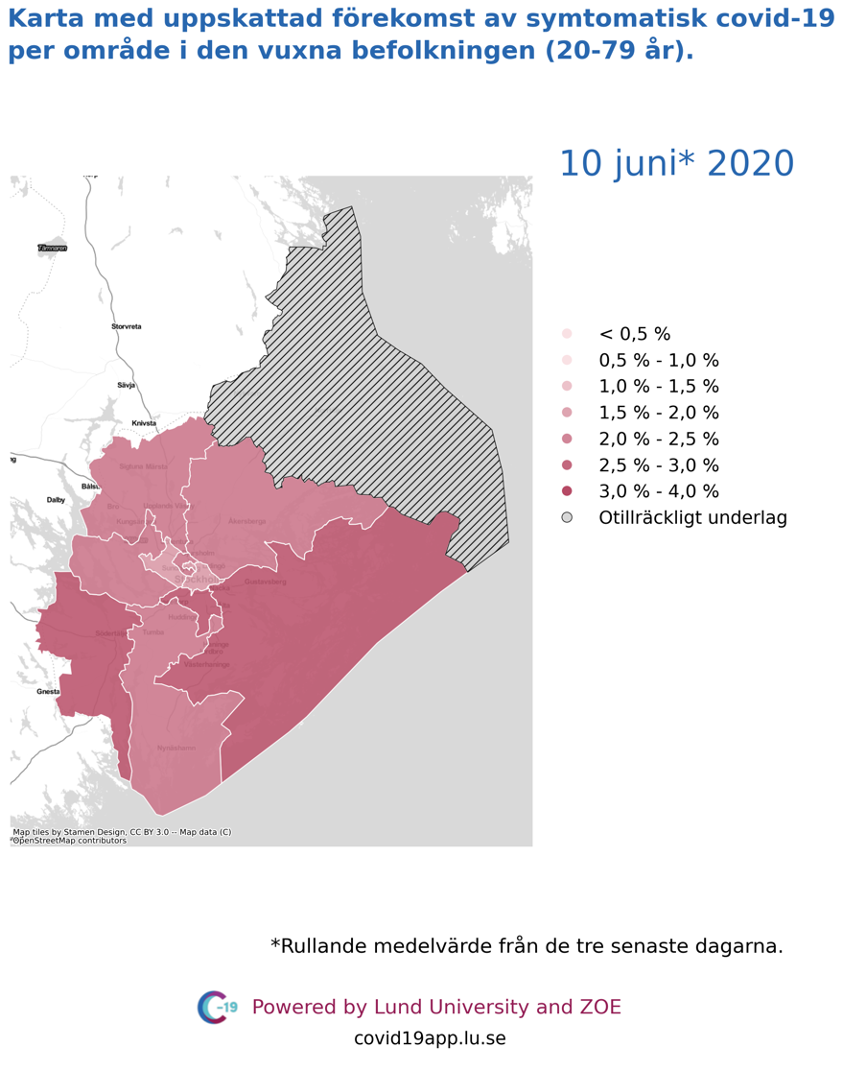 Karta med uppskattad förekomst av symtomatisk covid-19 i den vuxna befolkningen (20-79 år) i olika områden i Stockholms län, 10 juni 2020.