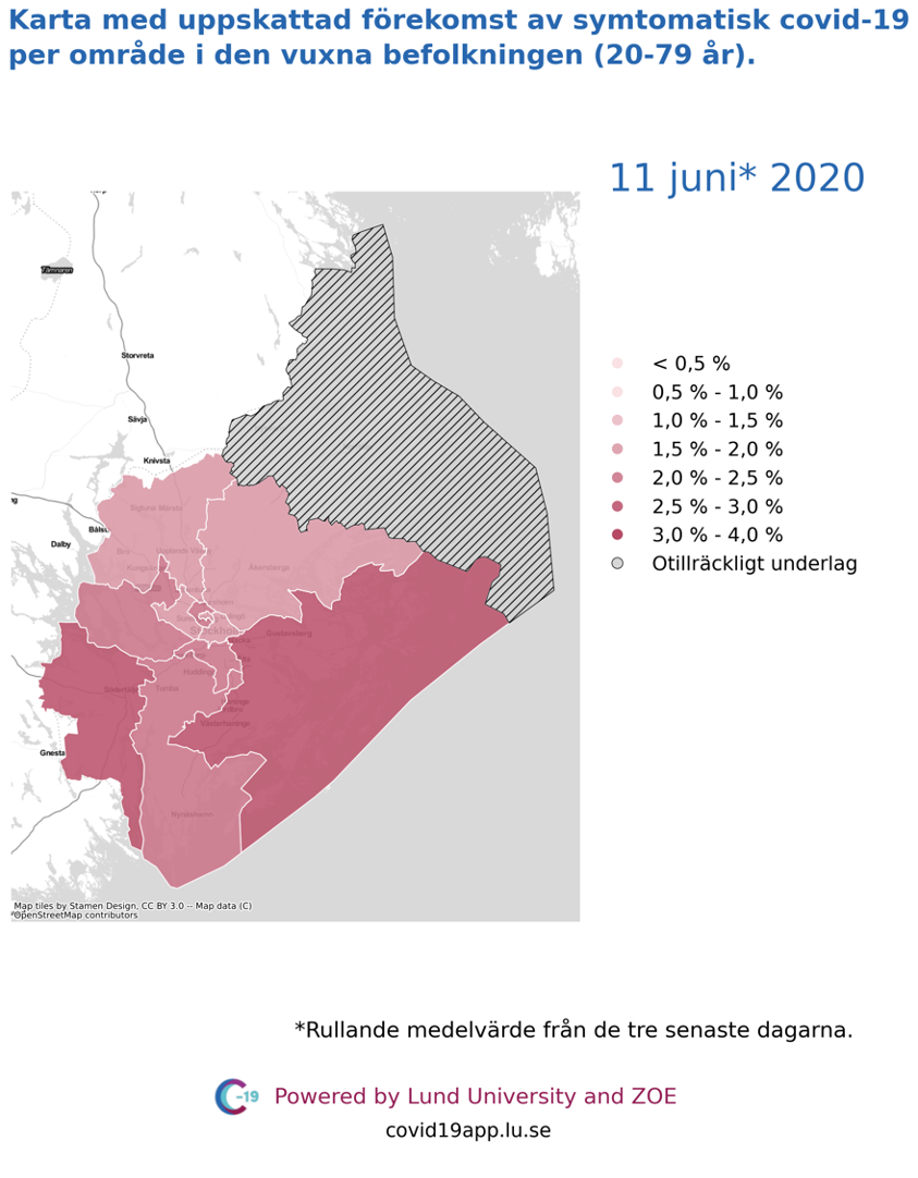 Karta med uppskattad förekomst av symtomatisk covid-19 i den vuxna befolkningen (20-79 år) i olika områden i Stockholms län, 11 juni 2020.