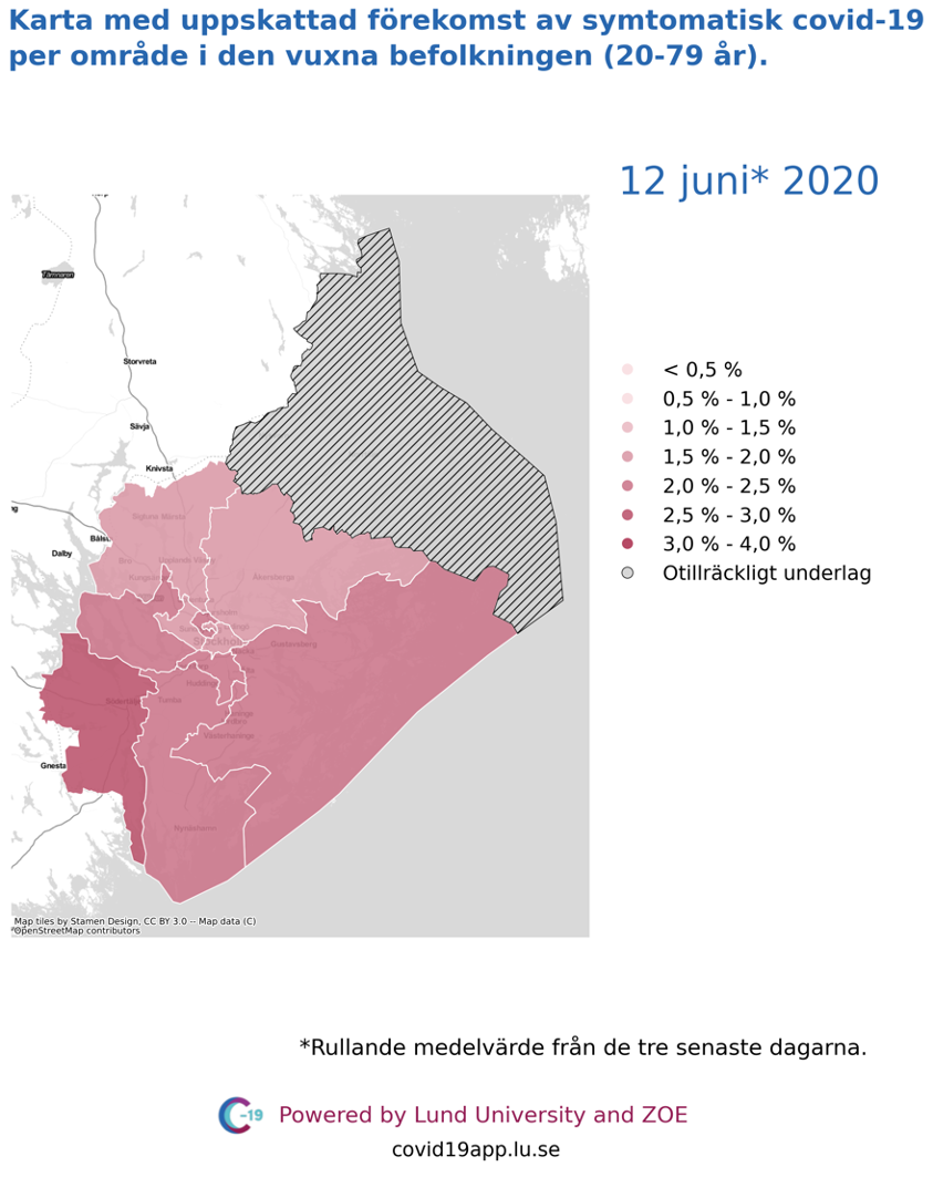 Karta med uppskattad förekomst av symtomatisk covid-19 i den vuxna befolkningen (20-79 år) i olika områden i Stockholms län, 12 juni 2020.