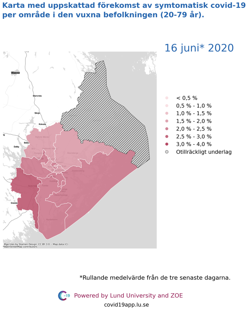 Karta med uppskattad förekomst av symtomatisk covid-19 i den vuxna befolkningen (20-79 år) i olika områden i Stockholms län, 16 juni 2020.